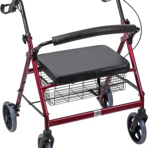 DMI Extra-Wide Heavy Duty Steel Bariatric Mobility Rollator Walker with Seat and Basket, Burgundy, Folding