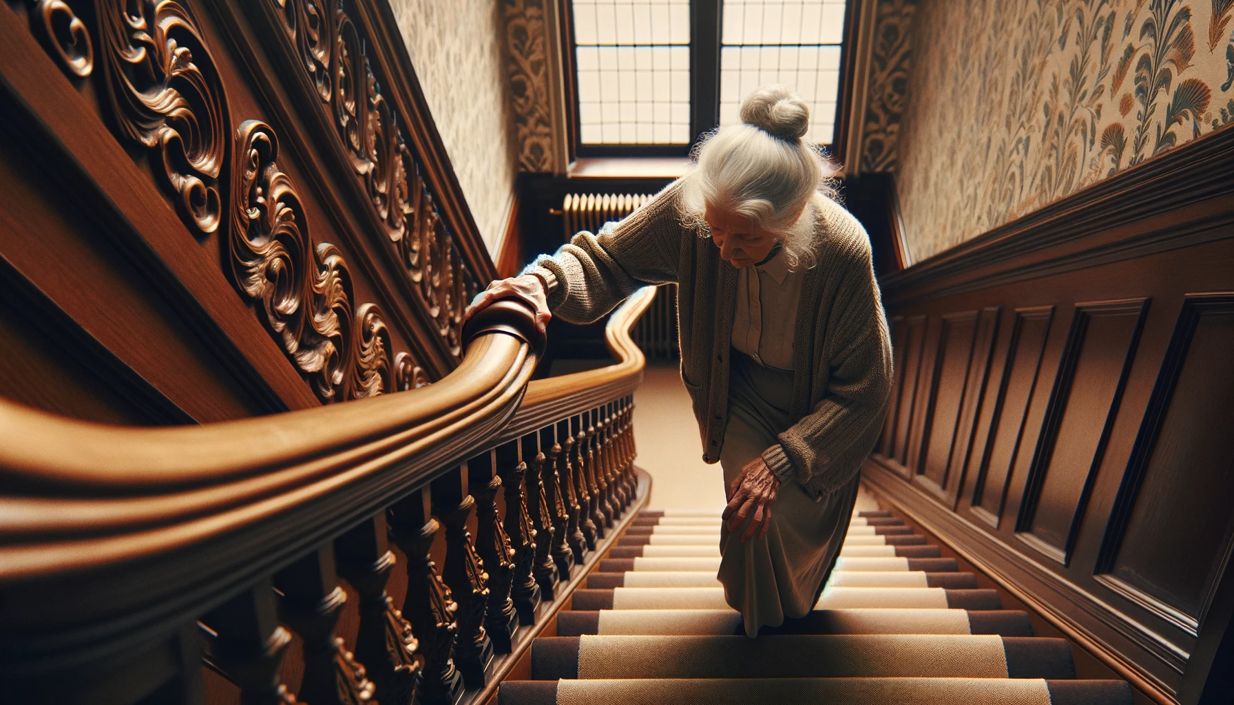 Australian Handrail Legal Requirements Elderly woman using a handrail on outdoor steps for safety and support