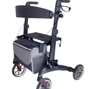 Premium rollator walker with padded seat, storage bag, ergonomic handles, hand brakes, and adjustable height shown in detailed product infographic.
