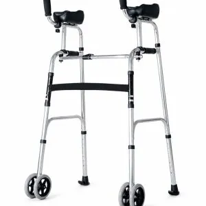 Adjustable forearm support walker with front wheels and rear skid glides for elderly and disabled mobility assistance