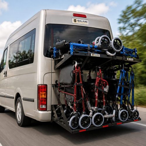 Disability transport van driving with rear-mounted walker carrier fully loaded with mobility walkers. Disability transport van driving with rear-mounted walker carrier fully loaded with mobility walkers.