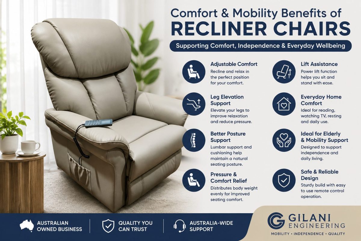 Modern beige recliner lift chair infographic highlighting comfort, mobility support, leg elevation, posture support and elderly independence benefits