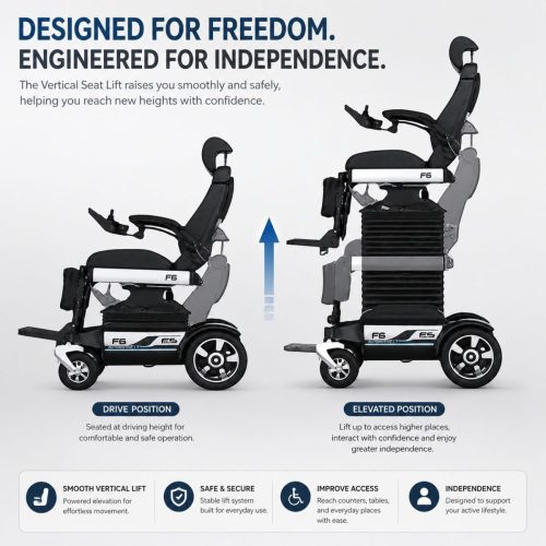 Powered vertical seat lift wheelchair designed for improved accessibility and independence Powered vertical seat lift wheelchair designed for improved accessibility and independence