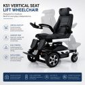 Powered vertical seat lift wheelchair showing reclining and elevated seating positions for improved comfort, accessibility, and everyday independence