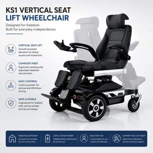 Powered vertical seat lift wheelchair showing reclining and elevated seating positions for improved comfort, accessibility, and everyday independence Powered vertical seat lift wheelchair showing reclining and elevated seating positions for improved comfort, accessibility, and everyday independence