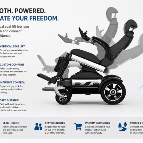 Powered wheelchair with vertical seat lift and reclining seating positions designed for improved accessibility, comfort, and independence Powered wheelchair with vertical seat lift and reclining seating positions designed for improved accessibility, comfort, and independence