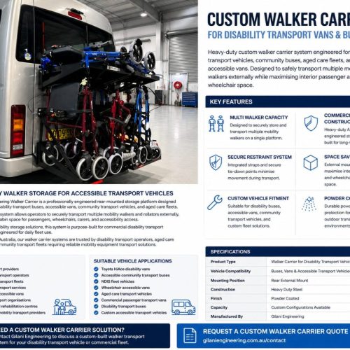 Walker carrier brochure showing a disability transport van fitted with a rear-mounted mobility walker storage system Walker carrier brochure showing a disability transport van fitted with a rear-mounted mobility walker storage system