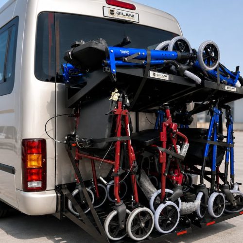 Walker carrier mounted on disability transport van with multiple mobility walkers securely stored on rear platform Walker carrier mounted on disability transport van with multiple mobility walkers securely stored on rear platform