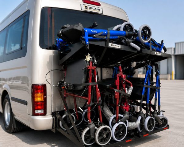 Custom Walker Carrier for Disability Transport Vans & Buses Walker carrier mounted on disability transport van with multiple mobility walkers securely stored on rear platform