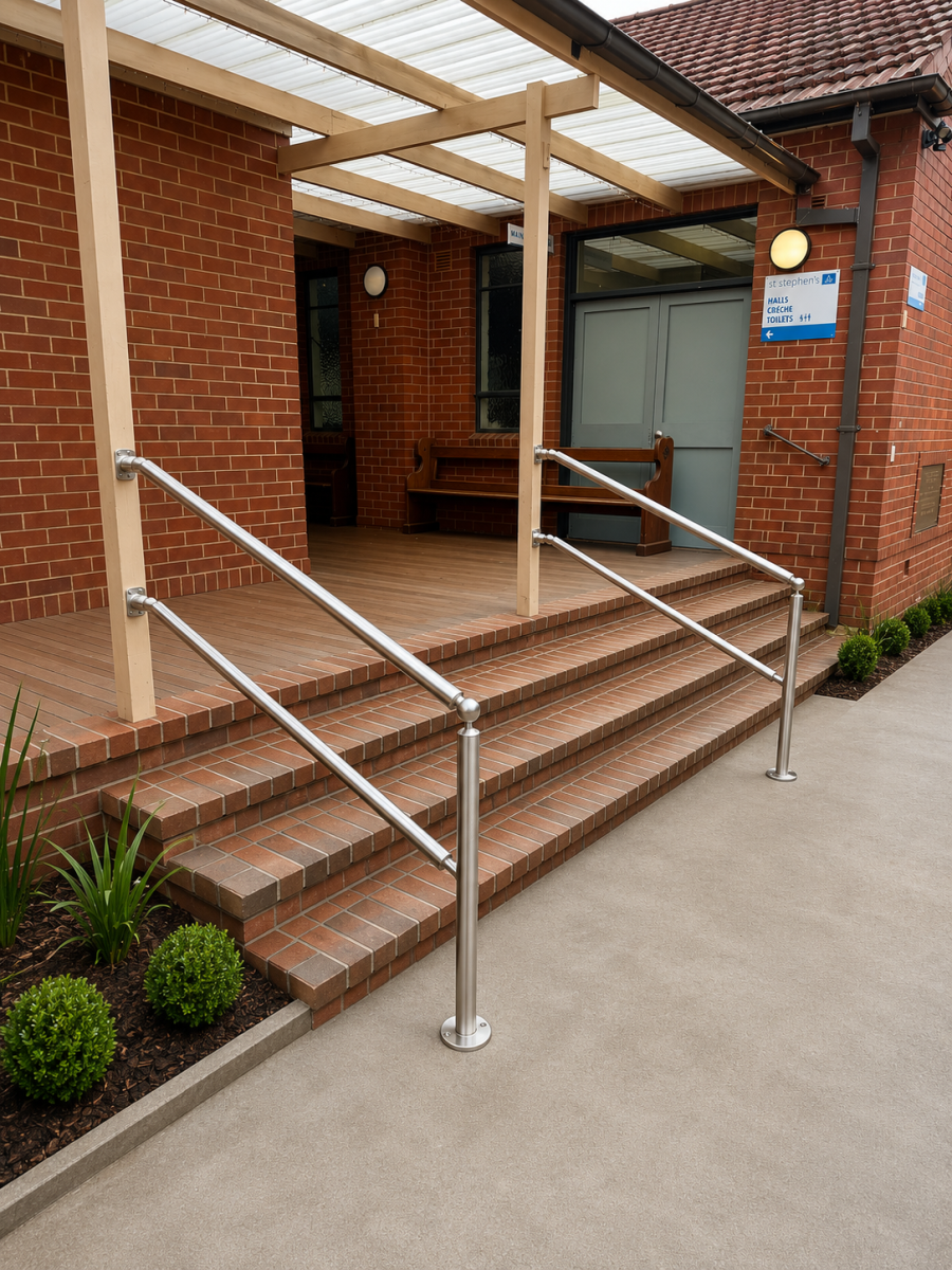 Custom Grab Rail Fabrication & Installation Sydney-Australia | Gilani Engineering Modern brick entrance with landscaped steps