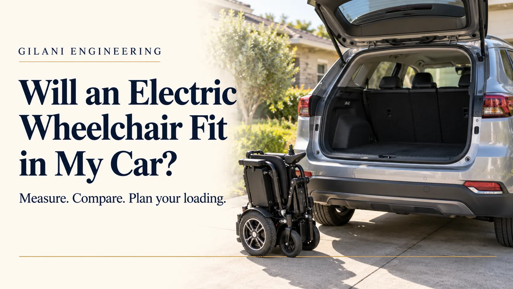 Folded electric wheelchair beside a silver SUV with its boot open.