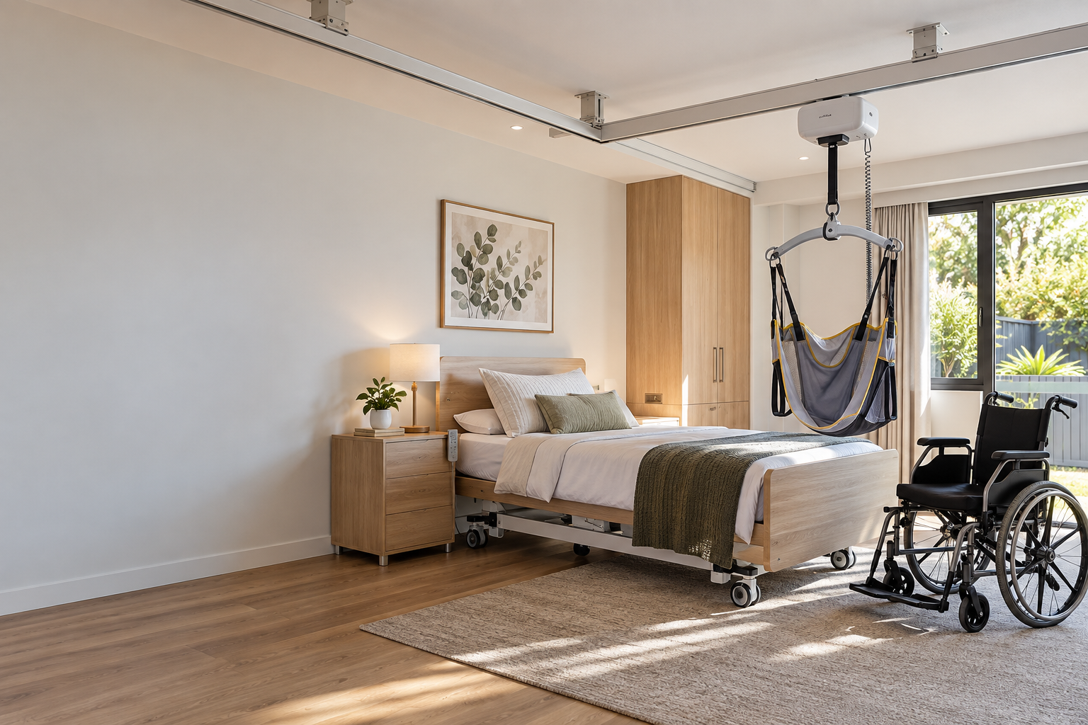 Installed ceiling hoist and overhead track beside an adjustable bed and wheelchair in a home care room