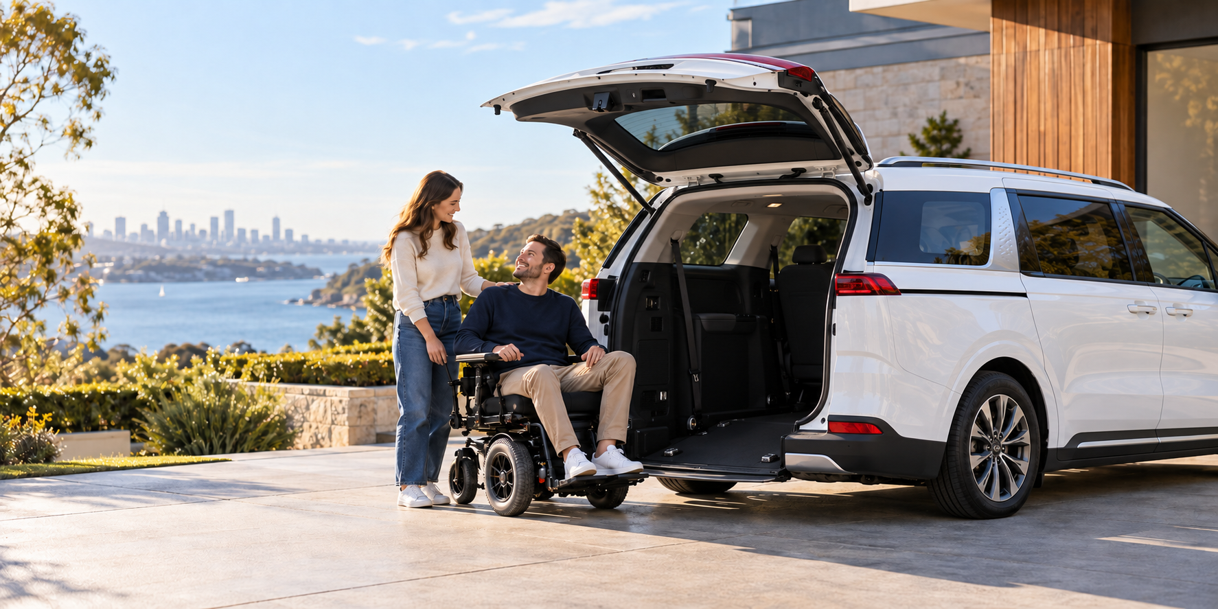 Kia Carnival Wheelchair Accessible Vehicle for Sale | Gilani Engineering Illustrative white Kia Carnival with accessible rear entry and wheelchair passenger nearby
